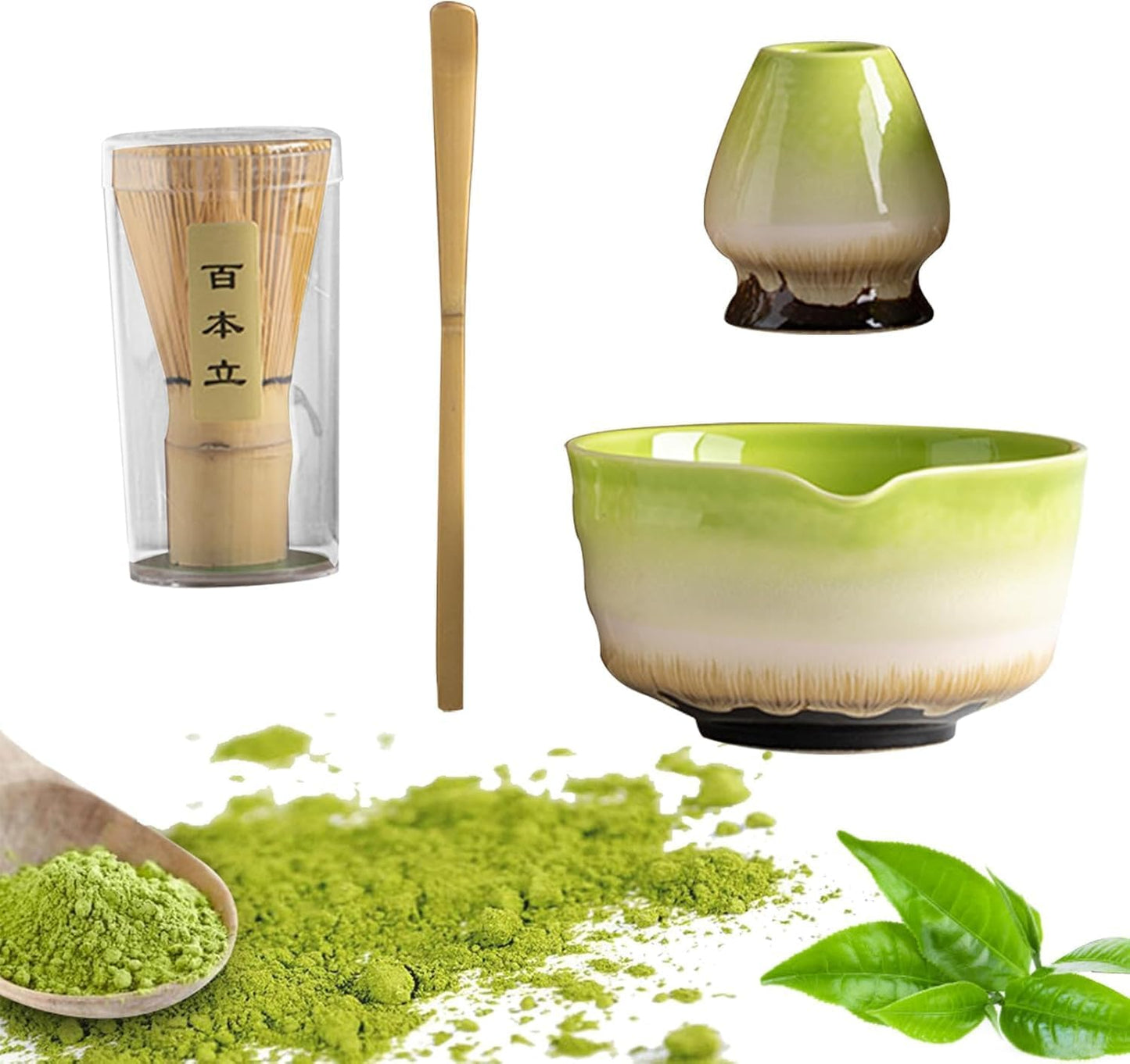 4 Piece Premium Matcha Set (Porcelain Bowl with Spout, Whisk, Stand and Scoop)