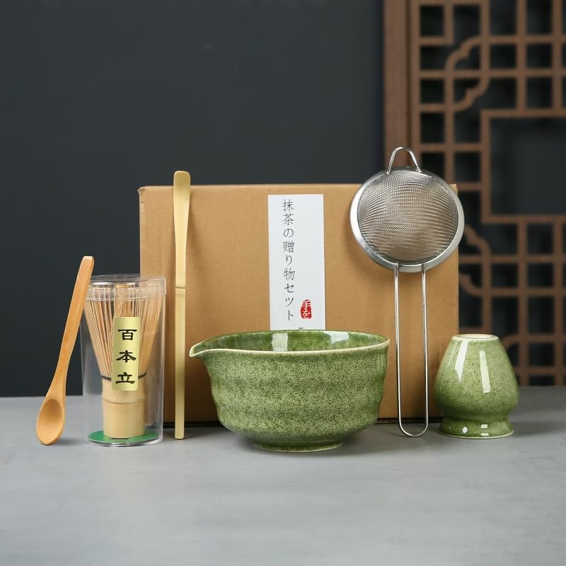 6 Piece Premium Matcha Set (Porcelain Bowl with Spout, Whisk, Scoop, Sifter and Spoon)