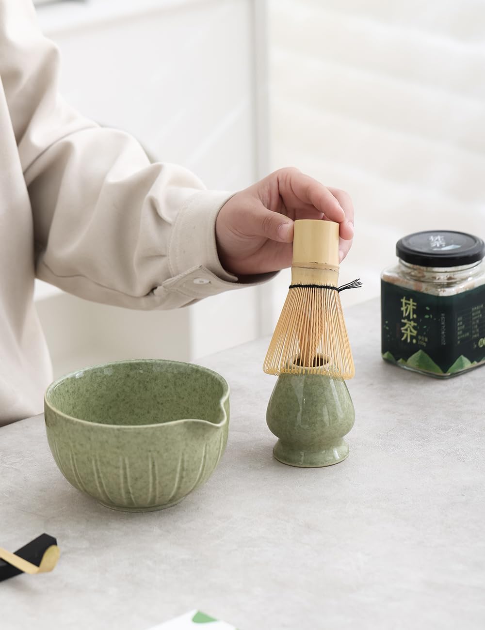 4 Piece Premium Matcha Set (Porcelain Bowl with Spout, Whisk, Stand and Scoop)