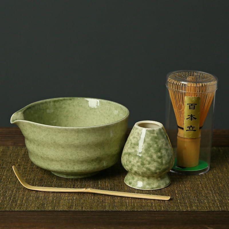 4 Piece Premium Matcha Set (Porcelain Bowl with Spout, Whisk, Stand and Scoop)