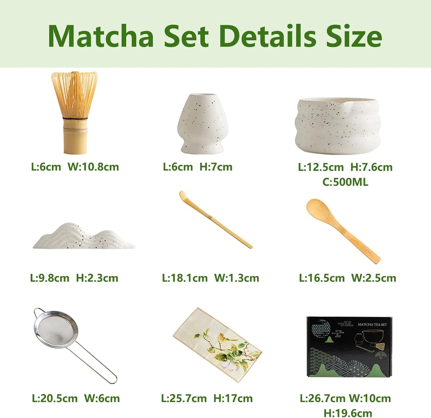 8 Piece Premium Matcha Set (Bowl, Whisk, Whisk Stand, Scoop, Sifter, Tea Cloth, Spoon, Spoon Stand)