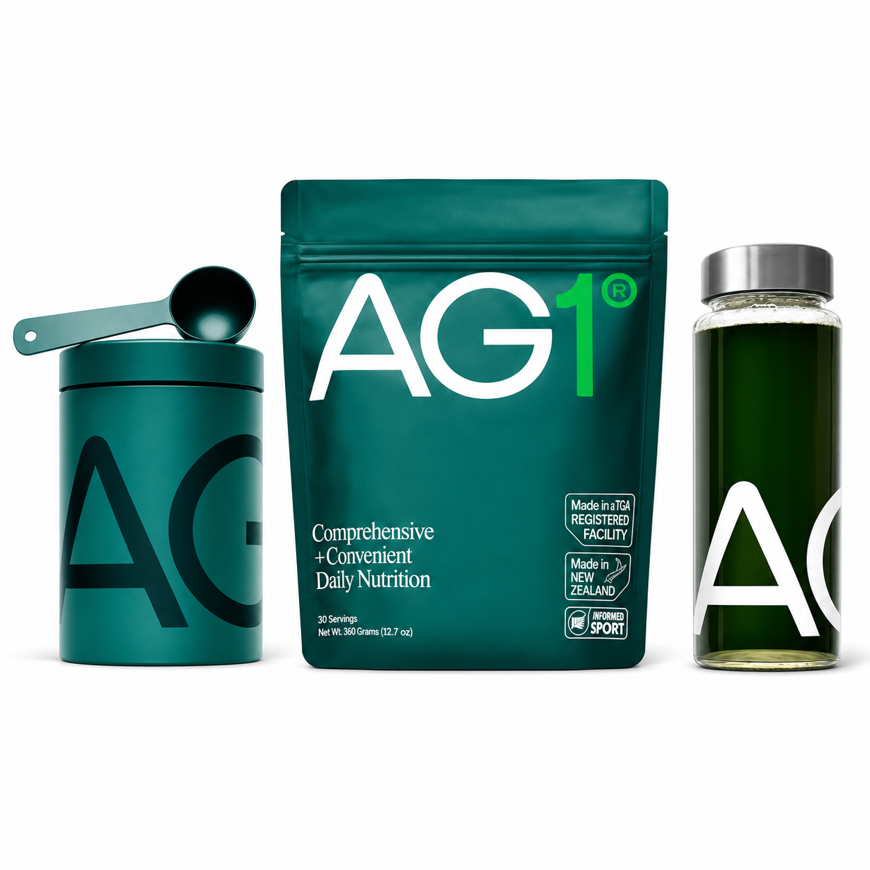 AG1 Athletic Greens 360g Pouch & Accessories (Bottle & Cannister) - Comprehensive Daily Nutrition